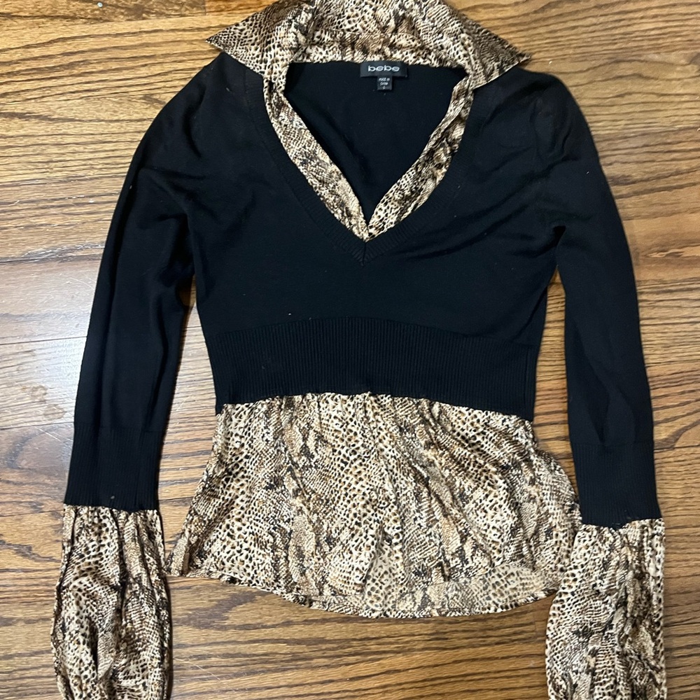 Bebe Black and Brown Snake Print Top